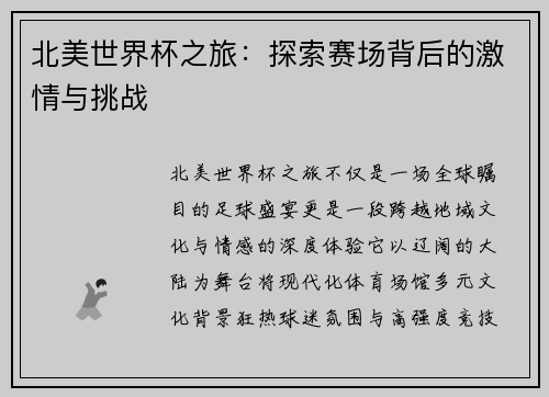 北美世界杯之旅：探索赛场背后的激情与挑战