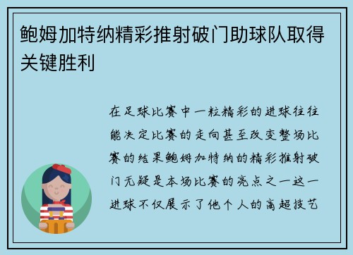 鲍姆加特纳精彩推射破门助球队取得关键胜利