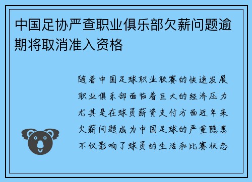 中国足协严查职业俱乐部欠薪问题逾期将取消准入资格